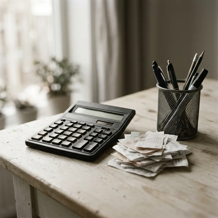A calculator beside a pile of receipts