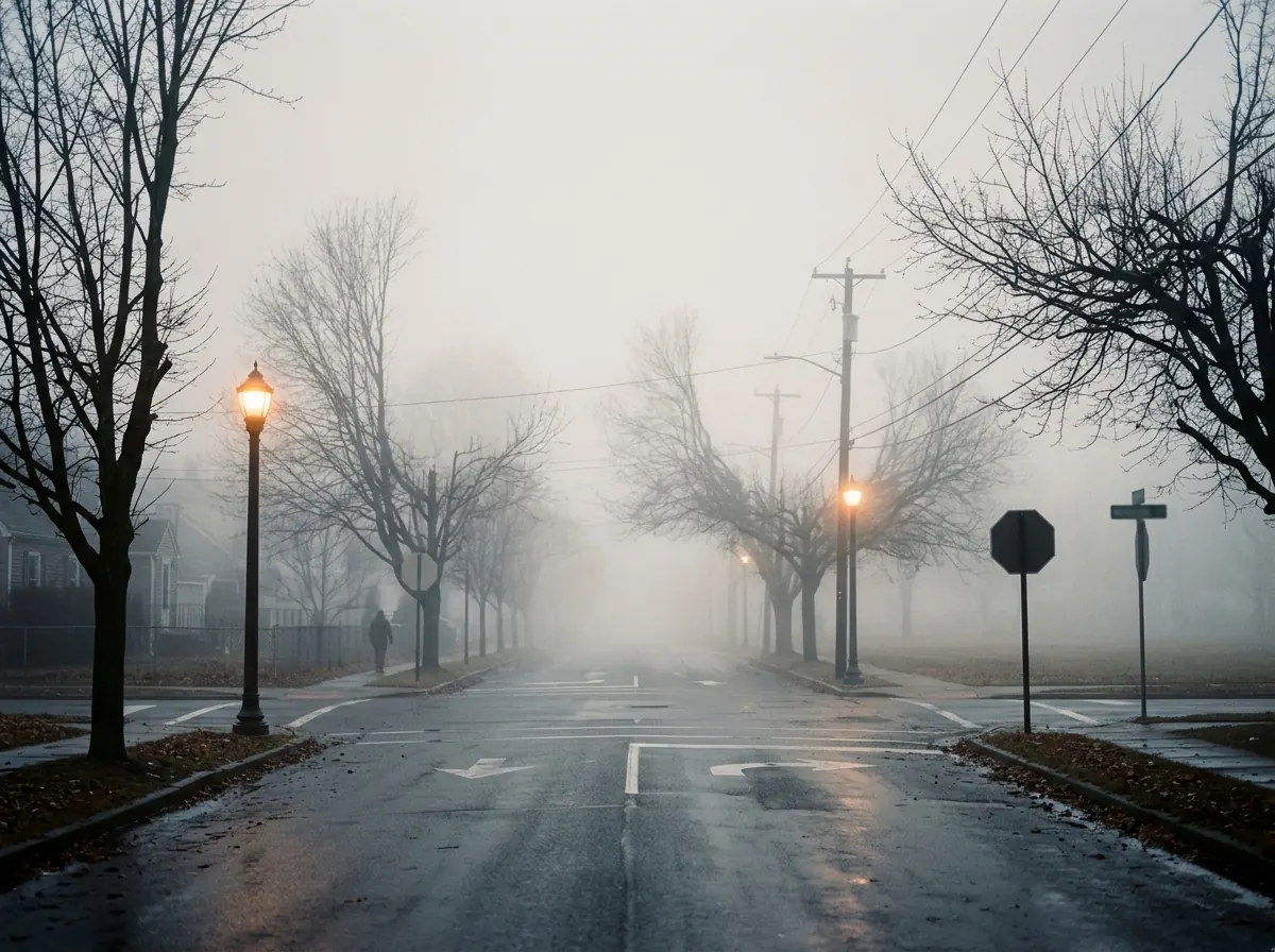 A foggy road intersection with street lamps