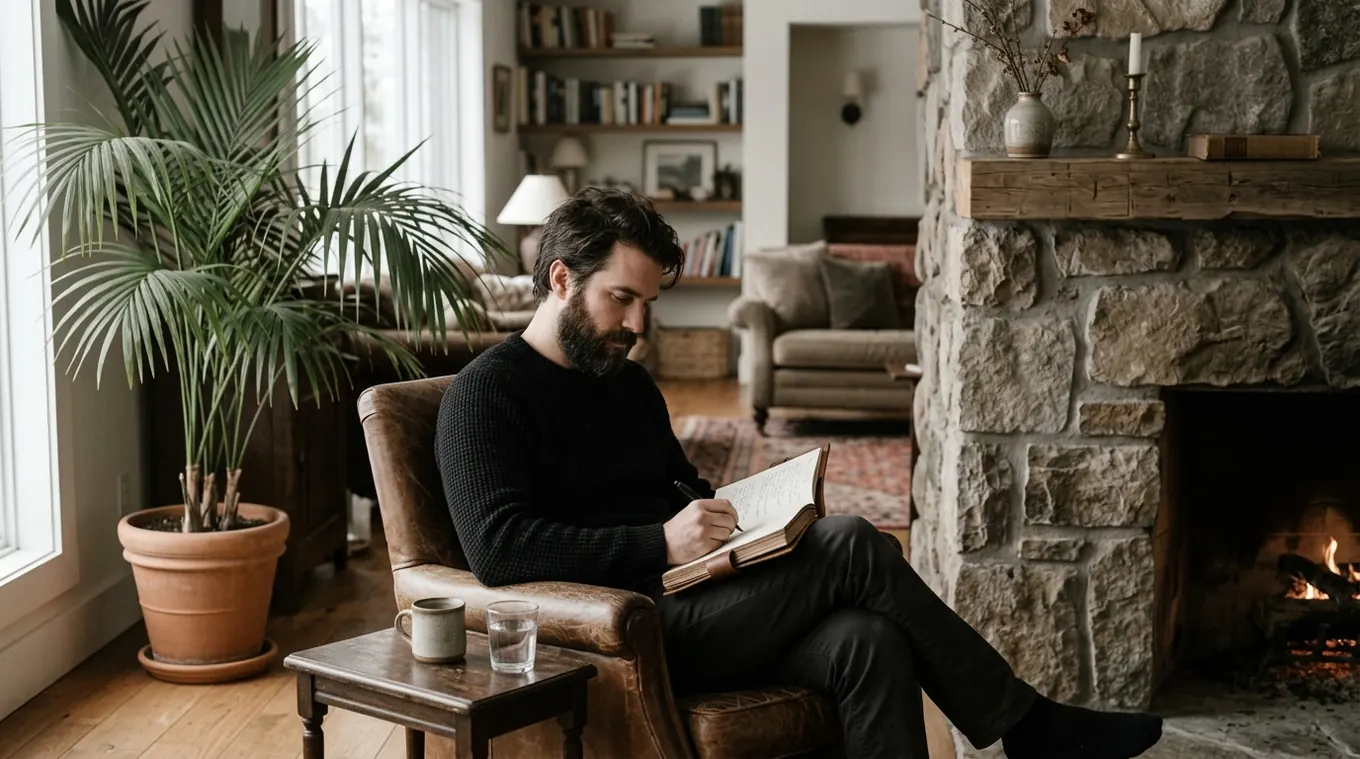 A man writing notes in an armchair beside a fireplace