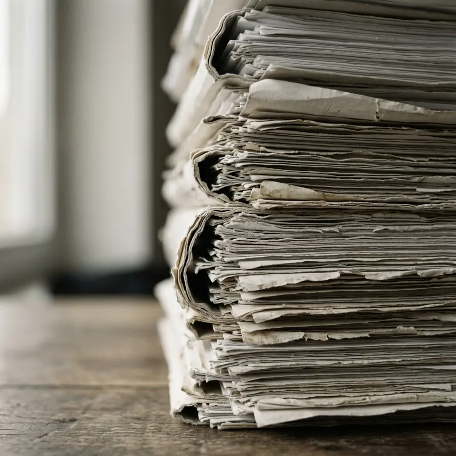 A tall stack of worn paper files