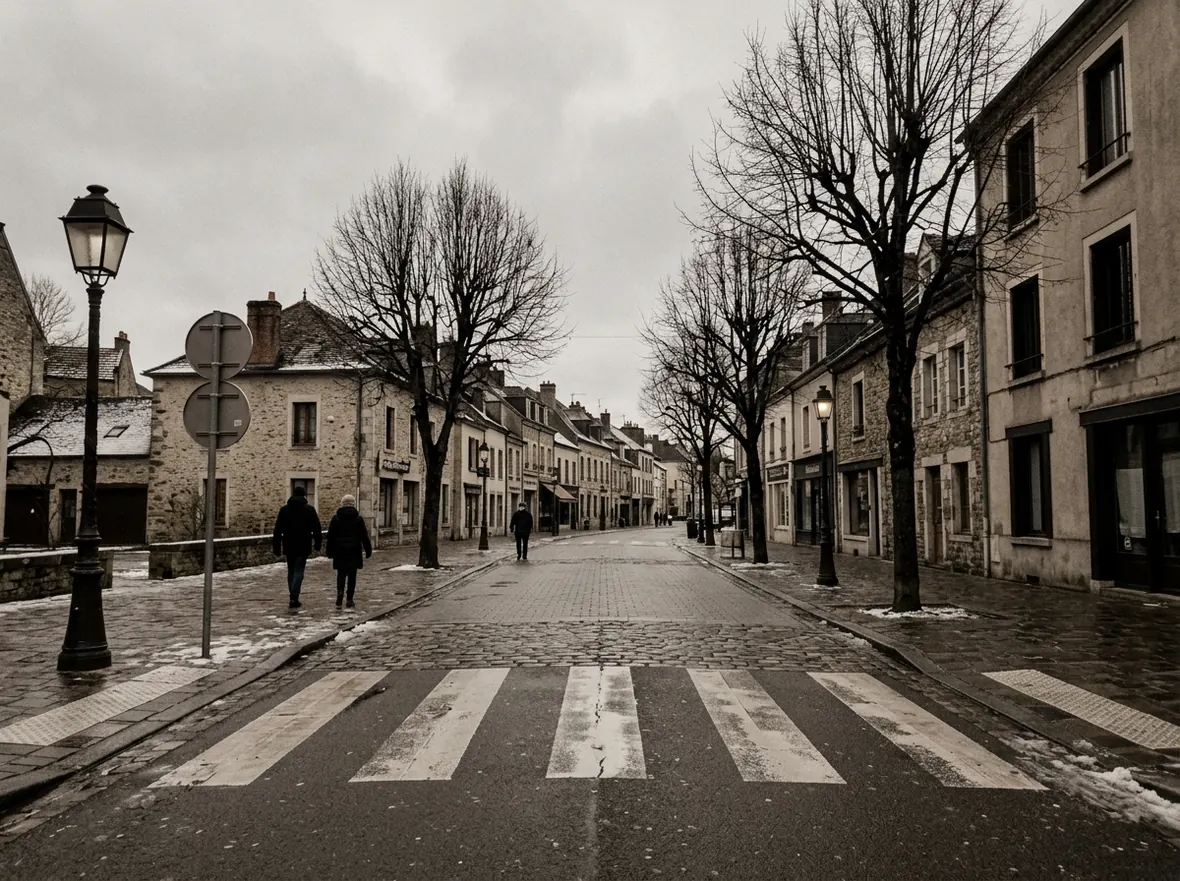 An overcast street with a zebra crossing and bare trees