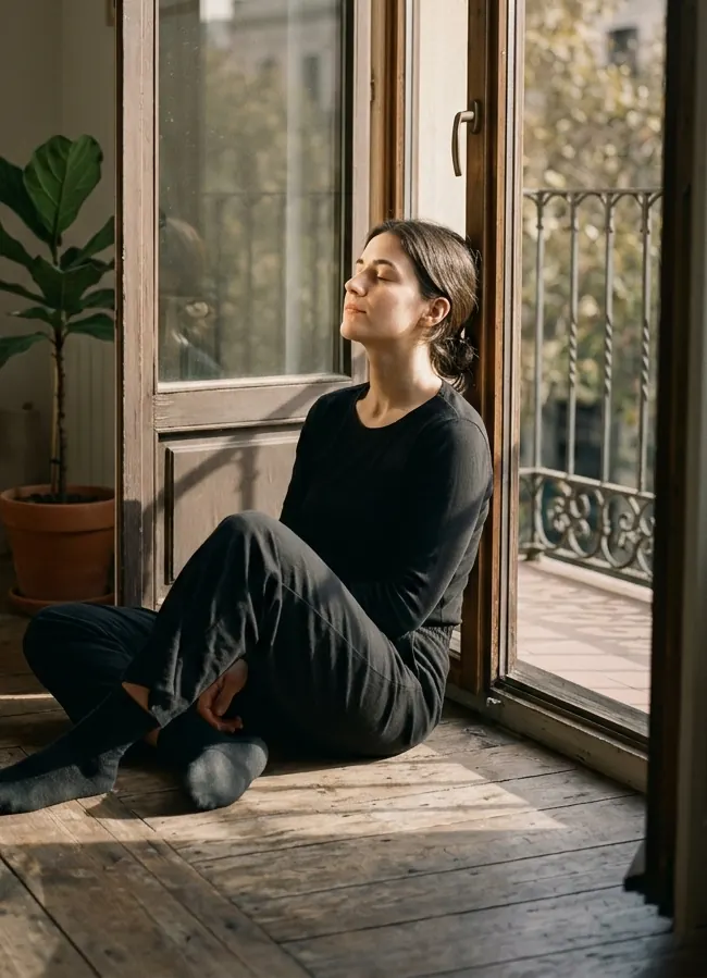 A woman resting by a sunlit doorway